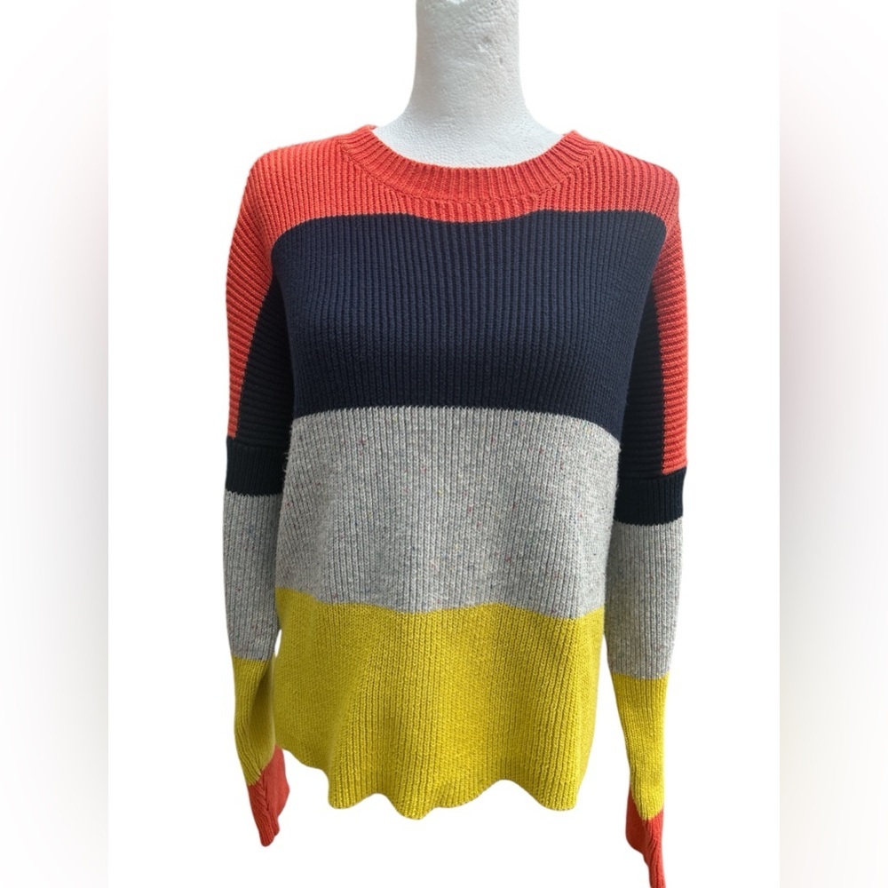 Fate Color Block Knit Sweater Orange Navy Gray Yellow‎ Striped Pullover Large